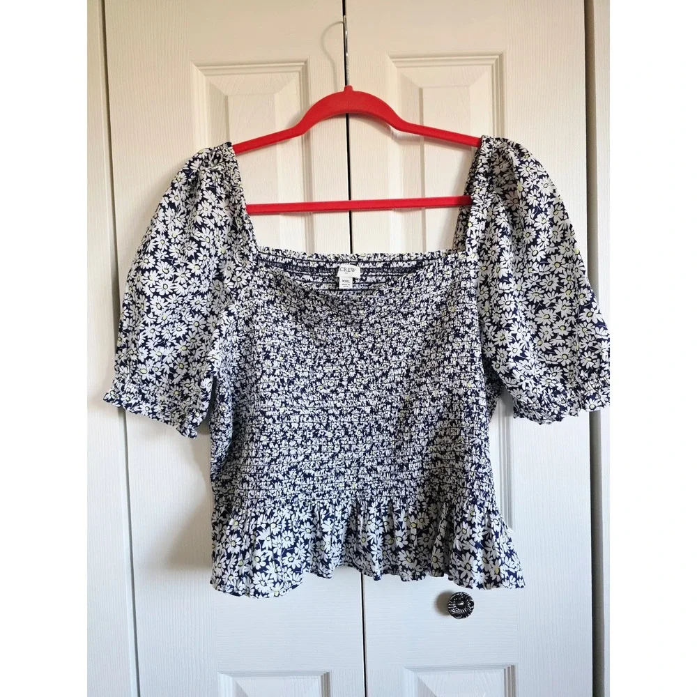 J. Crew XXL Smocked Peplum Top Navy White Floral‎ Puff Slv Square Neck 2X NEW